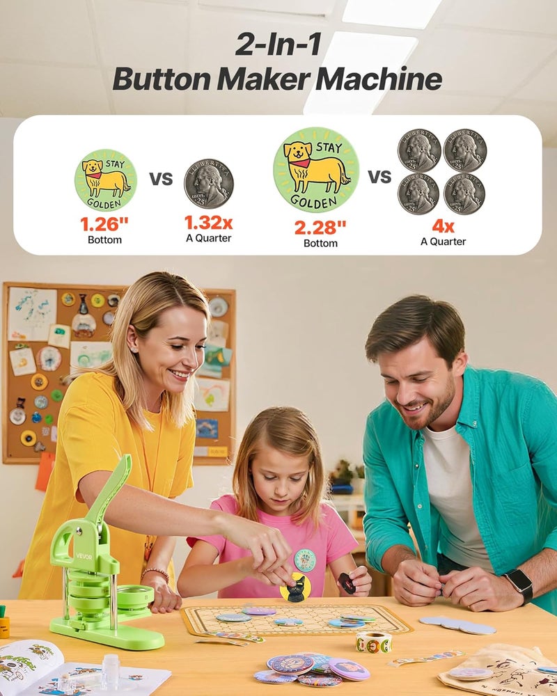 VEVOR Button Maker Machine, 1.25/2.25 inch 2-in-1, Plastic Pin Maker with 200 pcs Button Parts, Circle Cutter and Magic Book, Reinforced Ergonomic Handle, for DIY Badges, Personalized Pins, Green - Image 2
